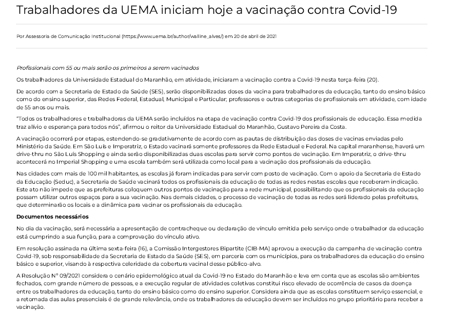 Noticia Pandemia Uema